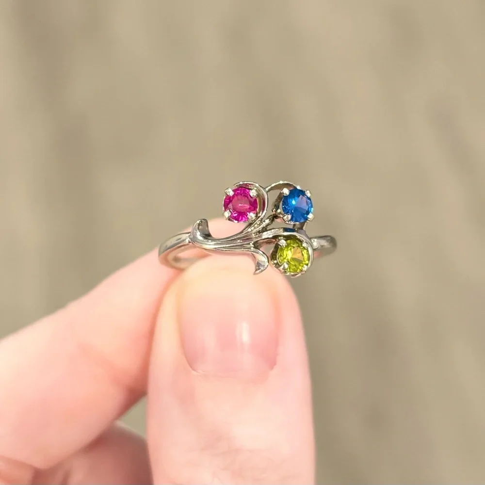 14K Rainbow Spinel red blue green gemstone cluster vintage white gold ring - Picture 4 of 12